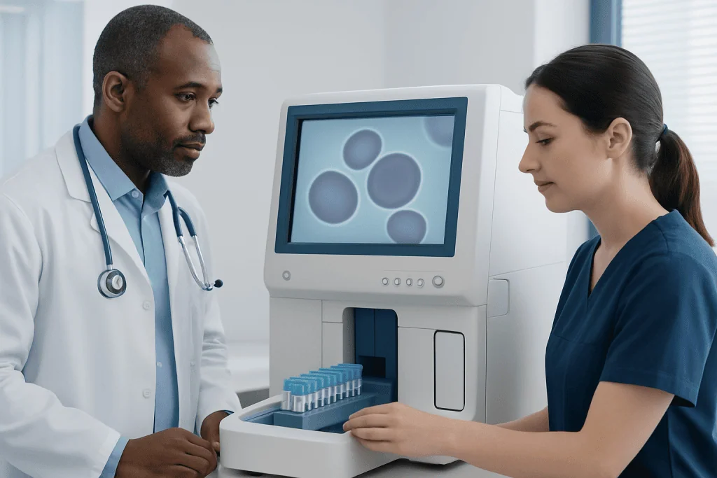 Medical professionals analyzing blood sample results on a laboratory machine.