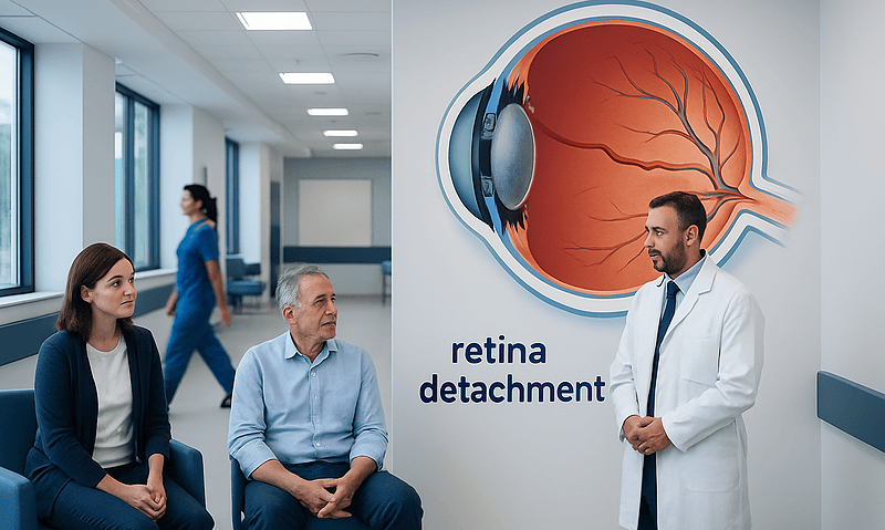 Health Library 2 Doctor explaining retina detachment to patients in a medical clinic.