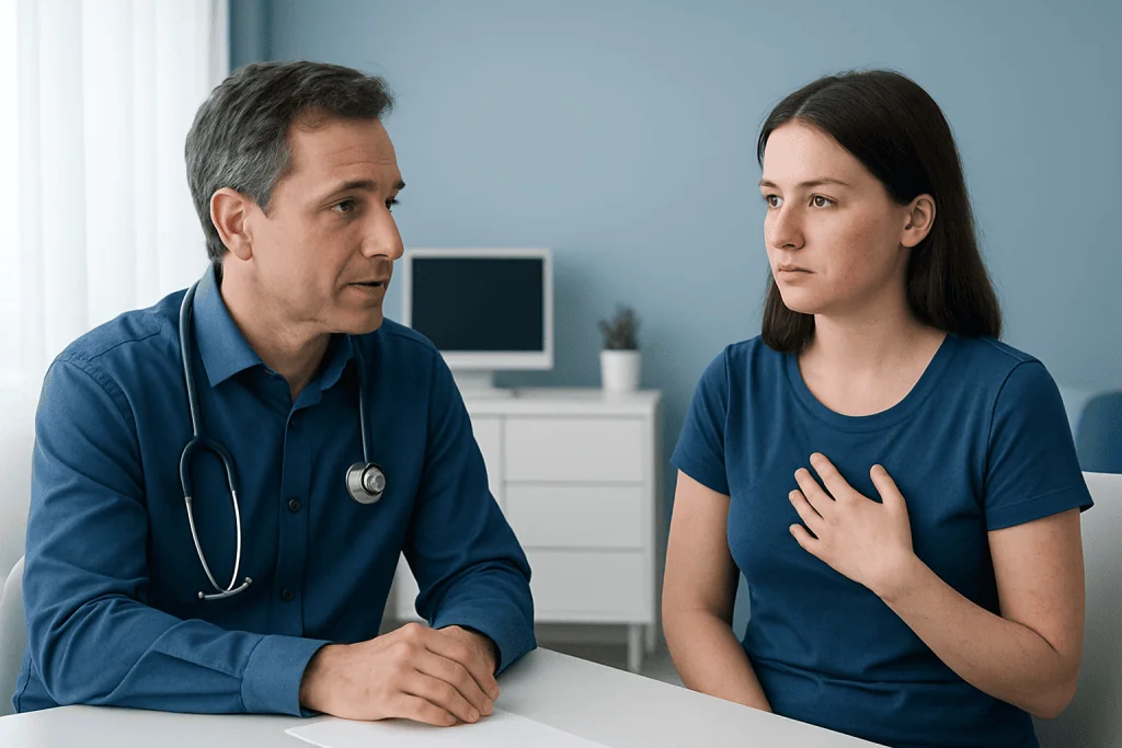 Doctor consulting with young woman about health concerns in a medical office.