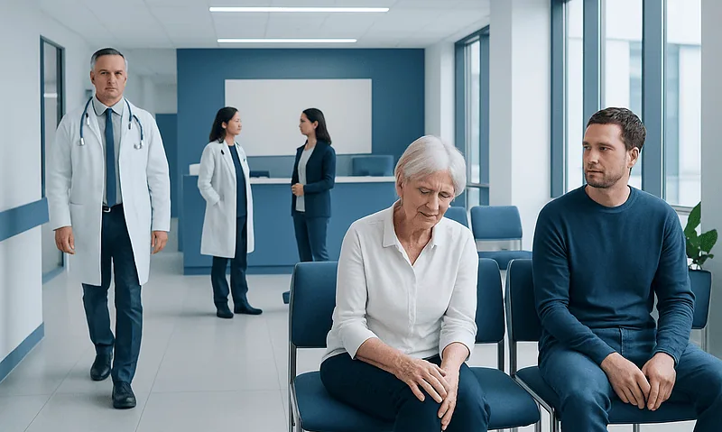 Medical consultation in a modern hospital waiting area with doctors and patients.