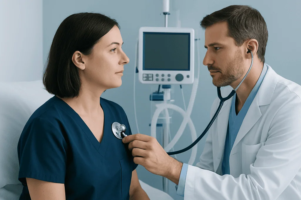 Doctor examining a patient with stethoscope in hospital setting.