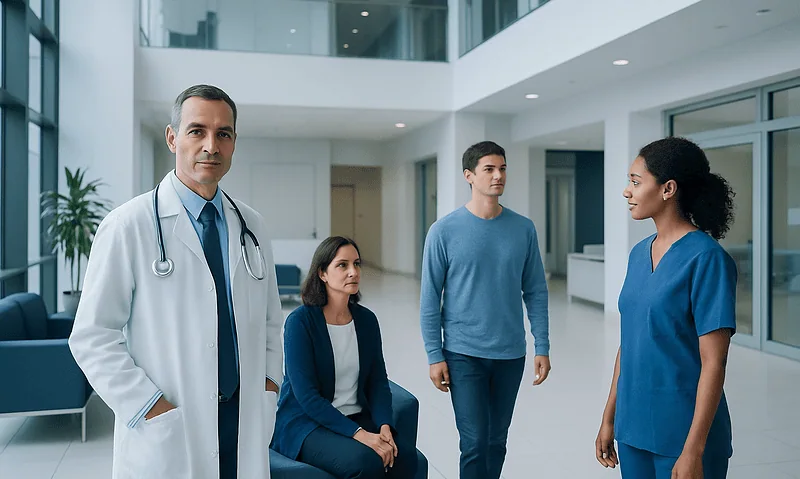 Medical team consulting patients in a modern hospital lobby.