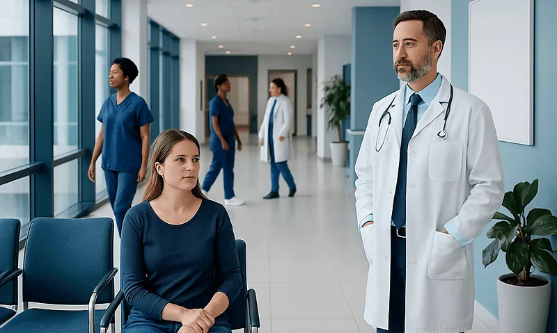 Doctor consulting a patient in a modern hospital corridor.