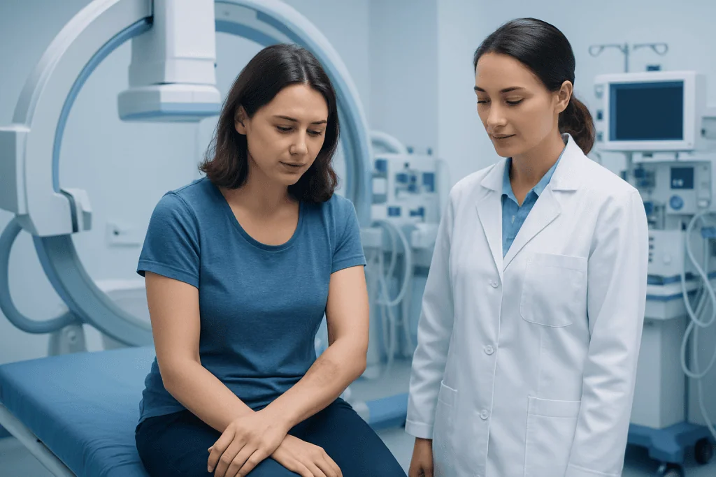 Medical consultation in a hospital with a patient and doctor.