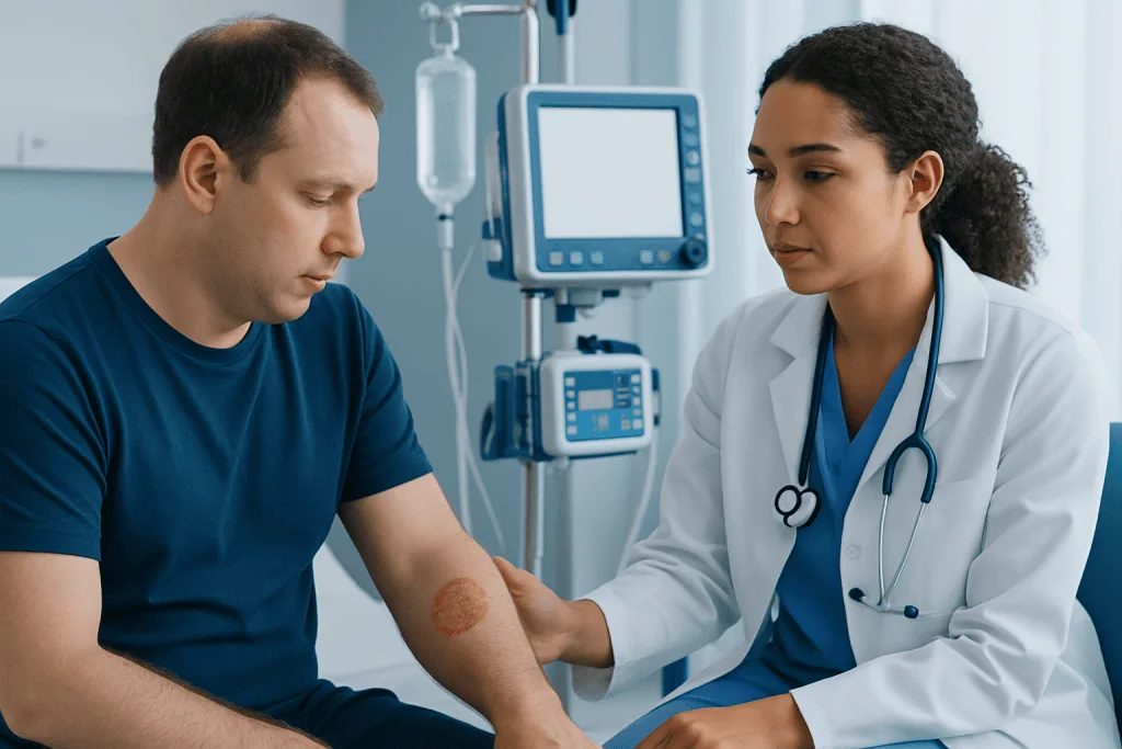 Doctor examining patient's skin rash in a medical clinic.