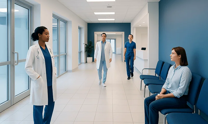 Medical professionals and patient in a hospital corridor at Acibadem Hospitals Group.