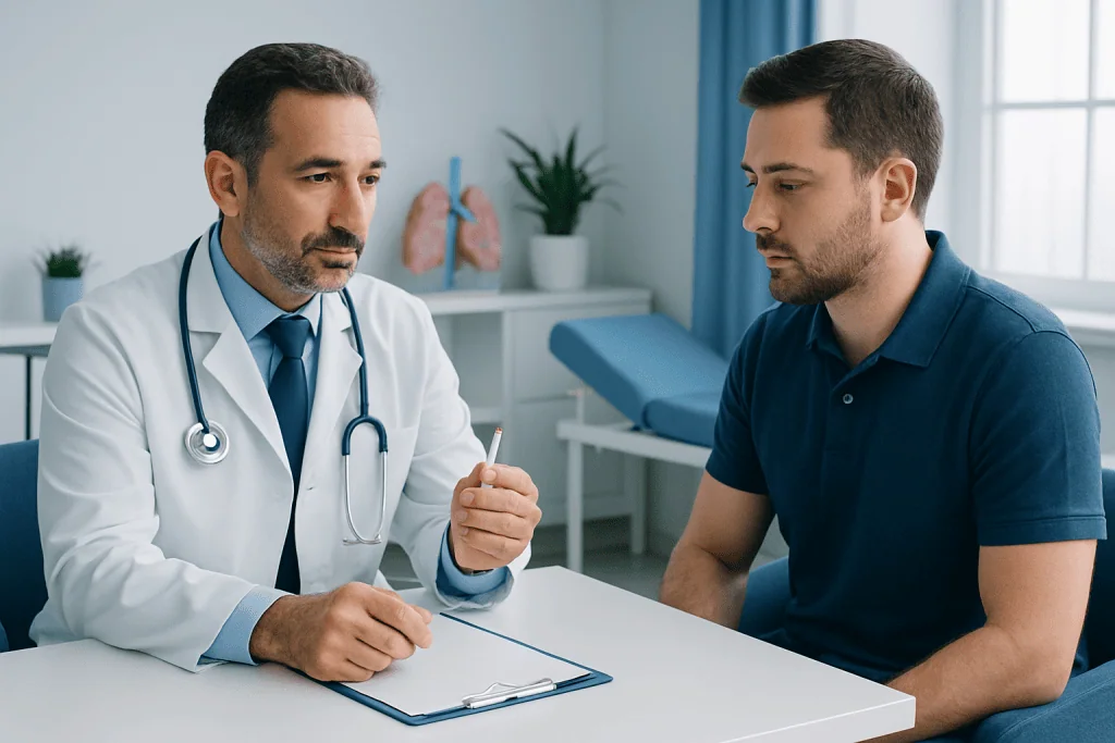 Doctor consulting with patient in a medical office setting.