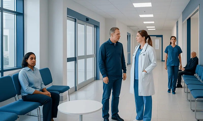 Hospital corridor with patients and medical staff engaging in conversation.