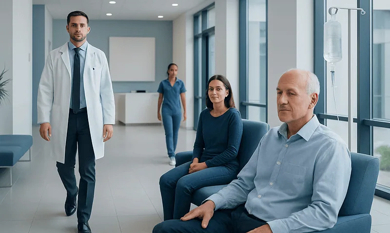 Patients waiting in a hospital corridor with medical staff present.