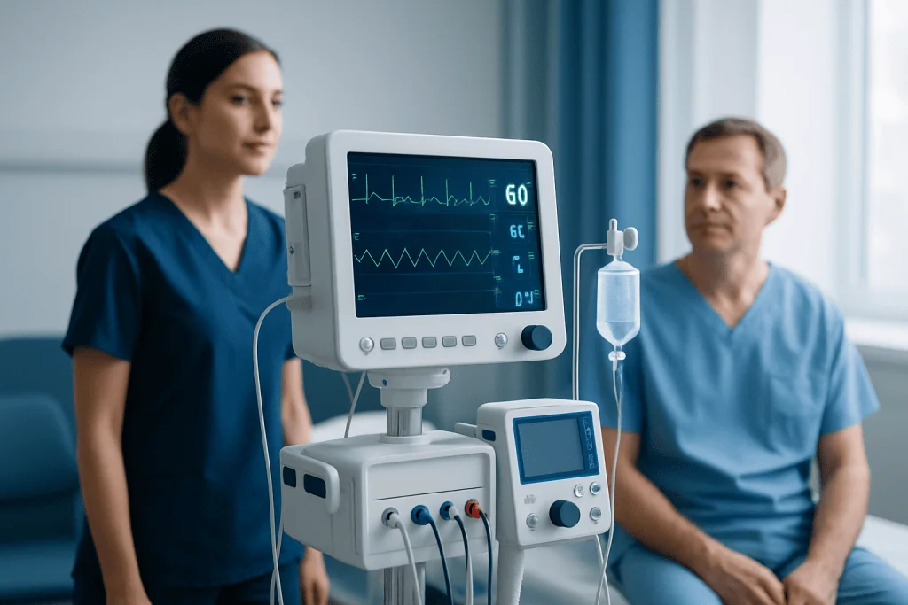 Medical professionals monitoring patient vital signs in a hospital setting.