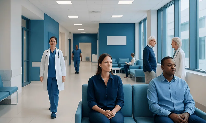 Patients and medical staff in a modern hospital waiting area.