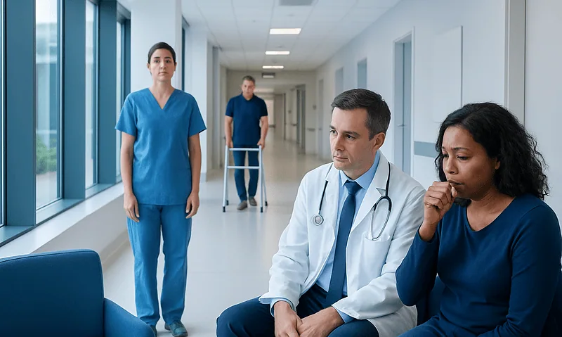 Medical professionals in a hospital corridor discussing patient care.