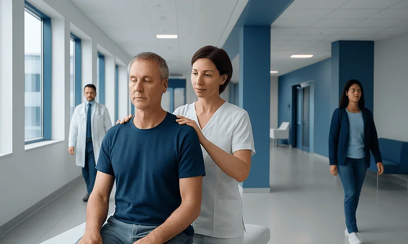 Physical therapy session at Acibadem Hospital with healthcare professionals.