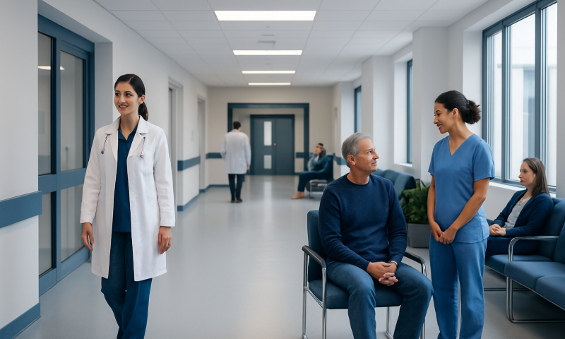 Hospital corridor with medical staff and patients in a modern healthcare facility.