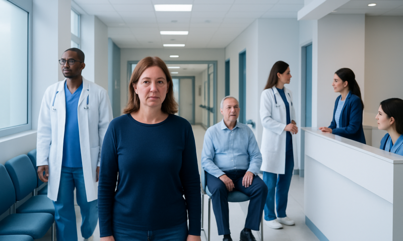 Medical staff and patients in a hospital corridor at Acibadem Hospitals Group.
