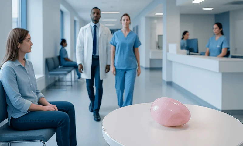 Modern hospital waiting area with medical staff and a pink quartz stone on a table.