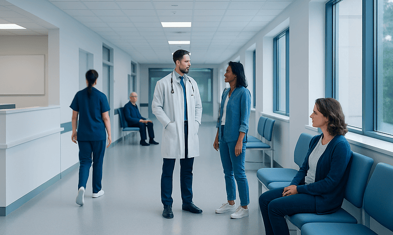 Medical professionals and patients in a hospital corridor.