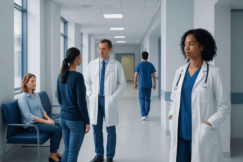 Rosewater: What Patients Need to Know 1 Medical professionals and patients in a hospital corridor at Acibadem Hospitals Group.