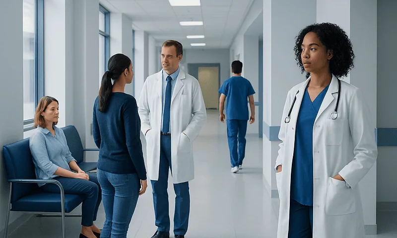 Medical professionals and patients in a hospital corridor at Acibadem Hospitals Group.