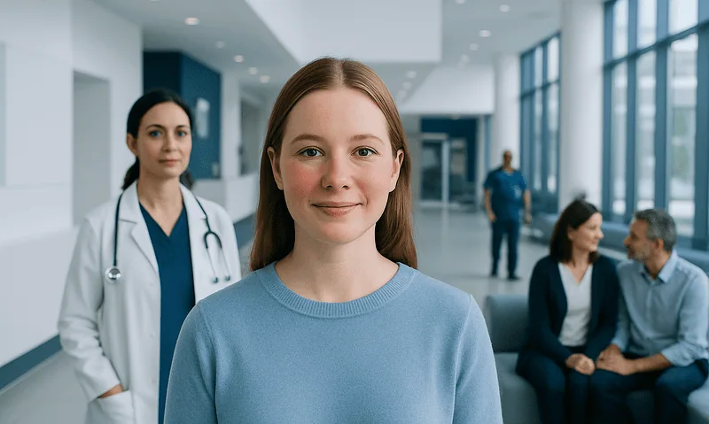 Young woman smiling in a hospital corridor with medical staff and patients.