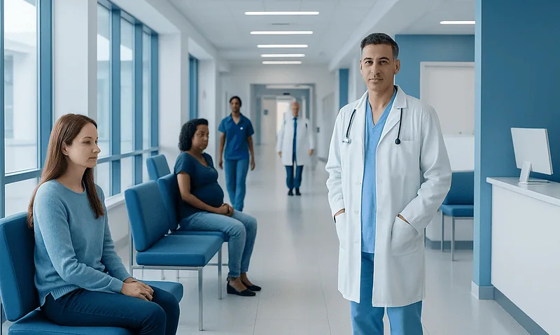 Medical staff and patients in a hospital corridor at Acibadem Hospitals Group.