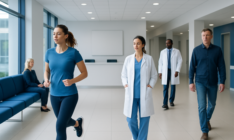 Medical professionals and a patient in a hospital corridor.