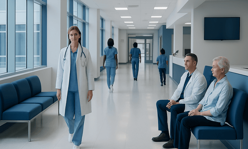 Healthcare professionals and patients in a modern hospital corridor.