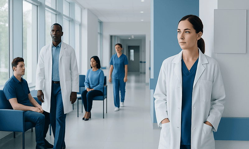 Medical team in hospital corridor with patients and staff.