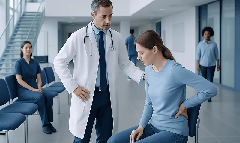 Doctor examining a patient with back pain in a hospital corridor.
