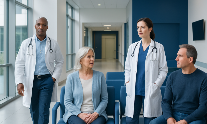 Doctors consulting with elderly patient in hospital corridor.