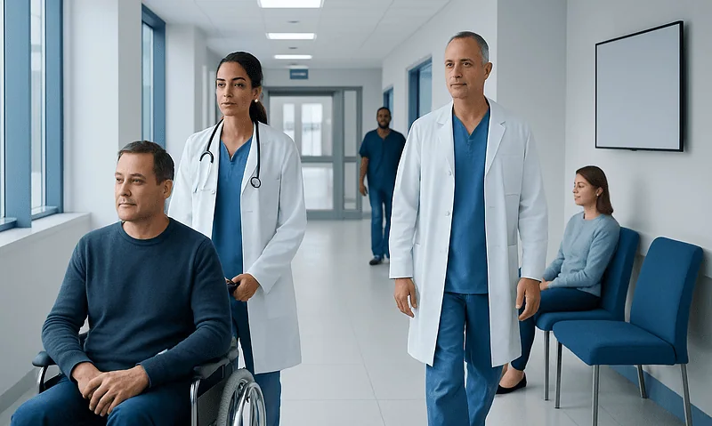 Medical team with patient in hospital corridor at Acibadem Hospitals Group.