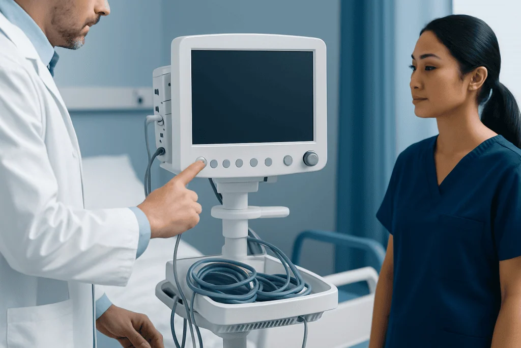 Doctor explaining medical monitor to nurse in hospital setting.
