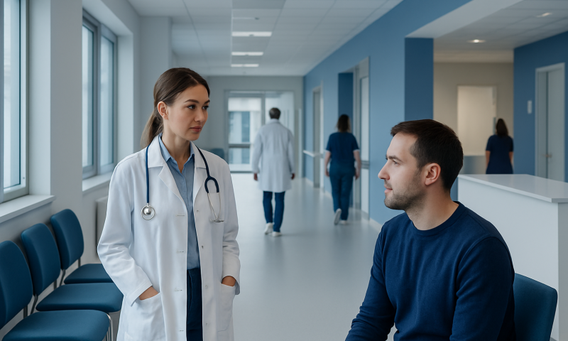 Doctor consulting patient in hospital corridor with medical staff in background.