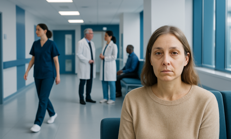 Woman with sallow skin in hospital waiting area with medical staff in background.