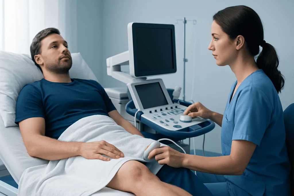 Doctor performing an ultrasound examination on a male patient in a hospital room.
