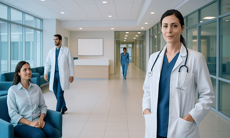 Healthcare professionals in a modern hospital corridor with a female doctor in focus.