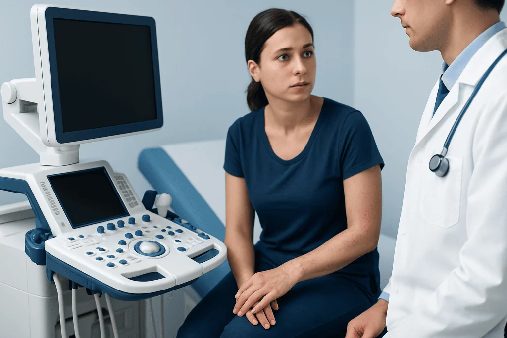 Doctor consulting a patient with ultrasound equipment in a medical clinic.
