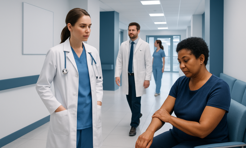 Medical professionals discussing patient care in a hospital corridor.