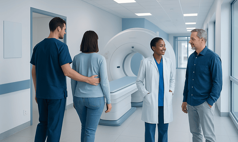 Medical team discussing MRI scan in hospital corridor.