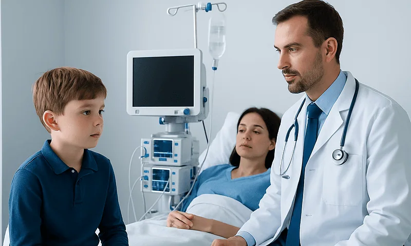 Doctor consulting young patient in hospital room with mother present.