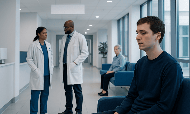 Young man waiting in a hospital corridor with medical staff nearby.