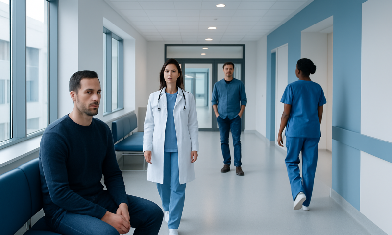 Medical team in hospital corridor with patient and staff members.
