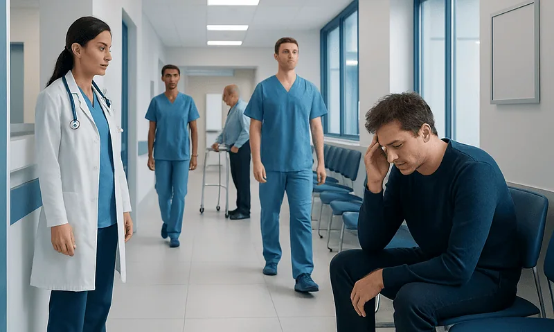 Hospital corridor with medical staff and a distressed patient sitting on a bench.