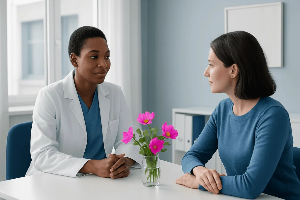 Doctor consulting with patient in a medical office with flowers on the table.