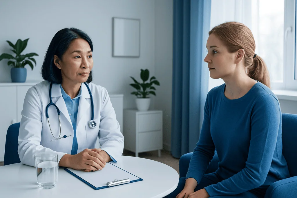 Doctor consulting with a female patient in a medical office setting.