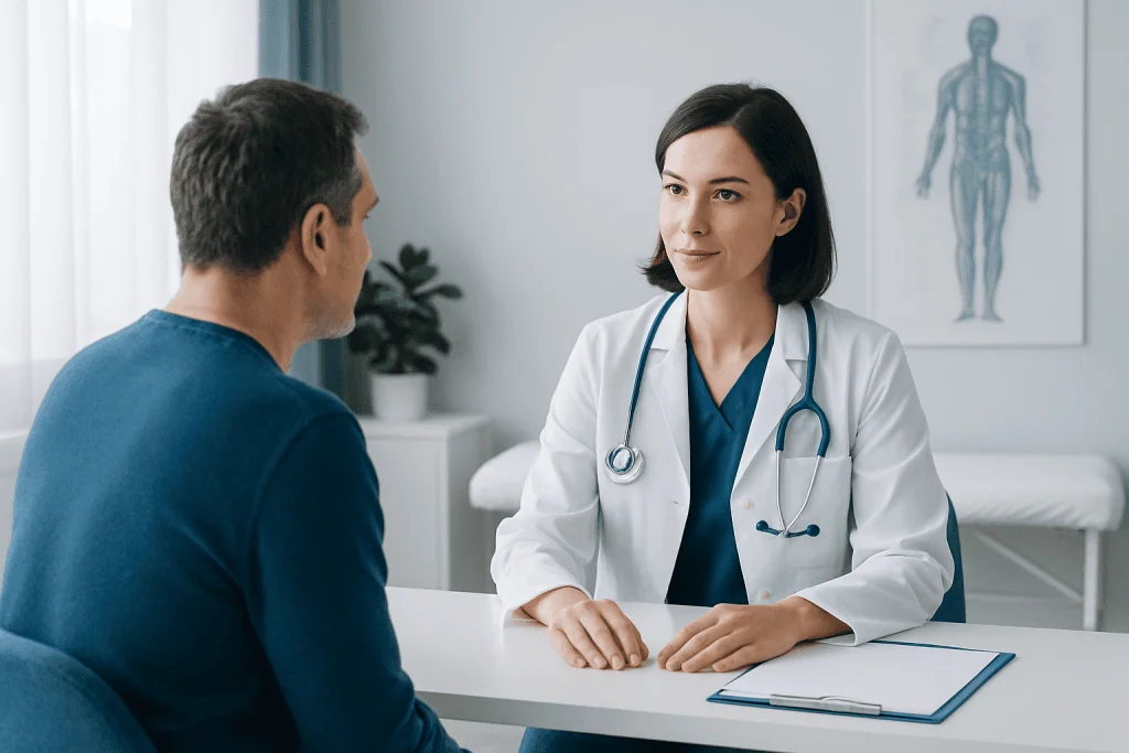 Doctor consulting with a patient in a medical office at Acibadem Hospitals Group.