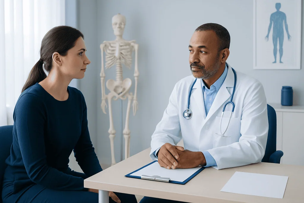 Doctor consulting with a female patient in a medical office at Acibadem Hospitals Group.