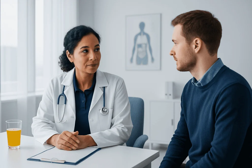 Doctor consulting with a patient in a medical office setting.
