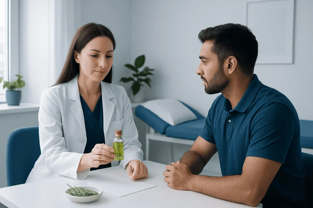 Doctor explaining rosemary oil benefits for hair growth to patient.