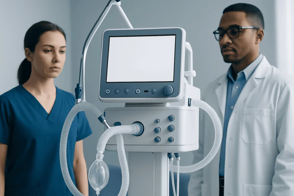 Medical professionals monitoring ventilator in hospital setting.